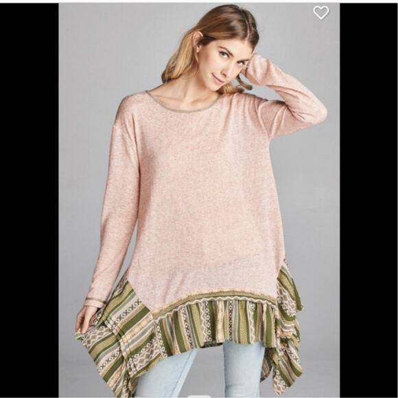 NWT Boho tribal shark bite hem pink top ruffle bottom lagenlook - Picture 2 of 8